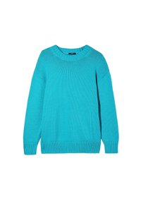 Turkusowy sweter dziergany z okrągłym dekoltem, długimi rękawami, ściągaczami u końców rękawów i u dołu. Teksturowany materiał o luźnym kroju.