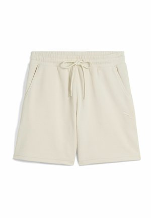 Pantalones cortos beige hechos de tela texturizada. Cintura elástica con cordón, bolsillos laterales y un pequeño logo en la parte inferior izquierda.