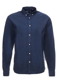 Marineblauw overhemd met lange mouwen, knopen aan de voorkant, een button-down kraag, witte knopen en een slank model.