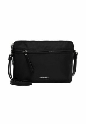 Black crossbody bag with front zipper pocket, slim adjustable strap, and silver logo "EMILY & NOAH" on front center.