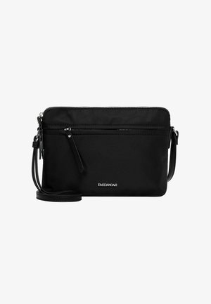 Black crossbody bag with front zipper pocket, slim adjustable strap, and silver logo "EMILY & NOAH" on front center.