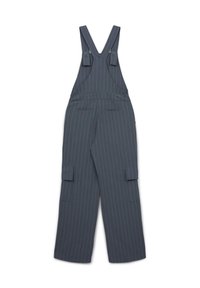 Graue gestreifte Latzhosen mit weitem Bein, verstellbaren Trägern, Front- und Rückentaschen sowie einer glatten Stoffstruktur.