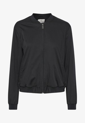 Giacca bomber nera realizzata in tessuto leggero, con chiusura frontale a zip, polsini e orlo a costine. Design semplice e minimalista senza motivi.
