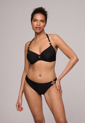 Black two-piece bikini with ribbed texture. The top features a twisted front and gold-tone accents. The bottom has side clips and a low-rise fit.
