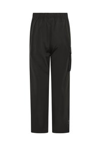 Μαύρο, ελαφρύ παντελόνι με ελαστική μέση και πλαϊνή τσέπη cargo. Το ύφασμα είναι λείο και ελαφρώς γυαλιστερό, προσφέροντας μια άνετη, casual εφαρμογή.