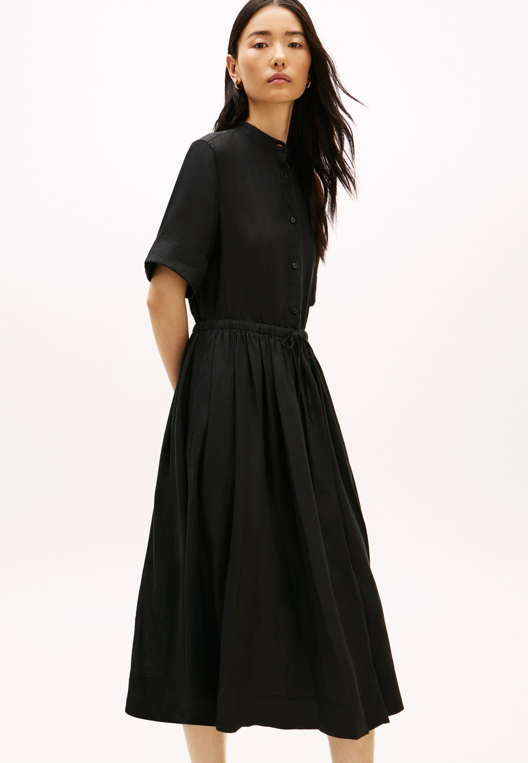 tommy hilfiger dress black Gold-Tone Button Slim Mixed Midi Dress | Black