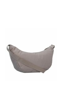 Hobo-Tasche aus leichtem Taupe-Stoff mit glatter Textur, geschwungener Form und einem langen, verstellbaren Tragegurt. Reißverschlussverschluss oben.