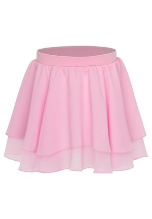 Pink layered skirt made of lightweight, sheer material. Features a wide elastic waistband and ruffled hem for a flowing look.