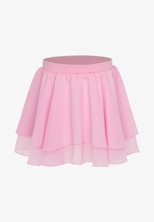 Rosa gestufte Röcke aus leichtem, transparentem Material. Verfügt über einen breiten elastischen Taillenbund und einen rüschengesäumten Saum für einen fließenden Look.