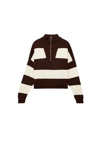Gestreifter Pullover in Braun und Creme mit hohem Kragen und einem Viertel-Reißverschluss an der Vorderseite. Weiche Textur, weite Ärmel und verkürzte Länge.
