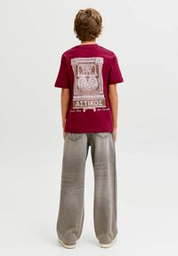 Vīna sarkana kokvilnas T-krekls ar grafisku Drucku uz aizmugures, kas attēlo dekoratīvu vāzi un tekstu. Apvienots ar platām, izbalējušām pelēkām biksēm.