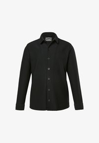 Camisa negra de botón con mangas largas, hecha de un material texturizado que presenta finas rayas verticales y un cuello clásico. Seis botones en la parte delantera.