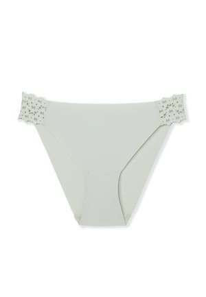 Culotte de bikini pour femmes vert clair avec bordure en dentelle florale sur les bretelles latérales, présentée à plat sur un fond blanc.