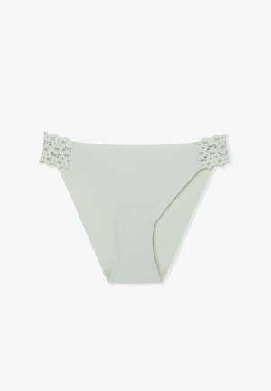 Culotte de bikini pour femmes vert clair avec bordure en dentelle florale sur les bretelles latérales, présentée à plat sur un fond blanc.