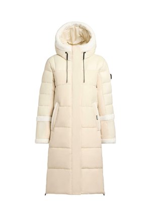 Cremefarbener Puffer-Mantel mit Kapuze, ausgestattet mit einem mit Sherpa gefütterten Kragen und Bündchen, zwei seitlichen Taschen und einem gesteppten Design. Reißverschluss in voller Länge.