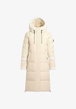 Cream puffer coat with a hood, featuring a sherpa-lined collar and cuffs, two side pockets, and quilted design. Full-length zipper closure.