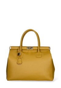 Borsa a tracolla gialla in pelle con forma strutturata, manici superiori e chiusura in metallo dorato. Presenta una texture a granuli e dettagli minimi.