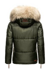 Olive green puffer jacket with a detachable fur-lined hood, zippered side pockets, and a smooth, reflective texture. Leather patch detail on the back.