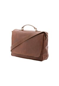 Mallette en cuir marron avec poignée supérieure et bandoulière réglable, de forme rectangulaire, avec fermeture à rabat sur fond blanc.