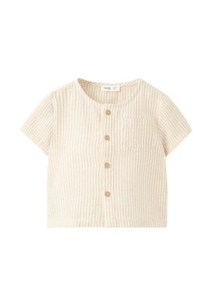 Beżowa i biała koszula w pionowe paski z krótkimi rękawami, okrągłym dekoltem, guzikami z przodu i małą kieszonką na piersi.