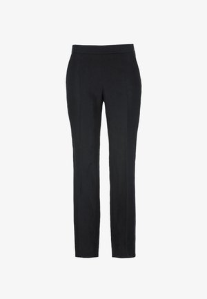 Crne ravne hlače visokog struka s uglađenim prednjim šavovima, prikazane na bijeloj pozadini.