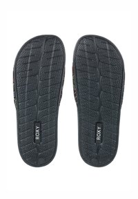 Sandales en caoutchouc noir avec des semelles texturées, présentant un motif floral multicolore sur les côtés et un label "ROXY" sur la semelle.