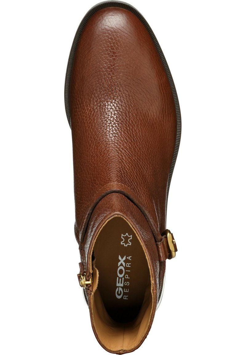 Braune Lederstiefelette mit strukturierter Oberfläche, Knöchelriemen und goldfarbener Schnallenakzent, abgerundeter Zehenpartie und leichter Innensohle.