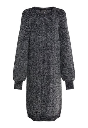 Mustriga kleit mustas ja metallilistes niitides, pikkade ballooni varrukatega, ümmarguse kaelusega ja vabalt langeva lõikega, millel on veidi kitsenev äär.