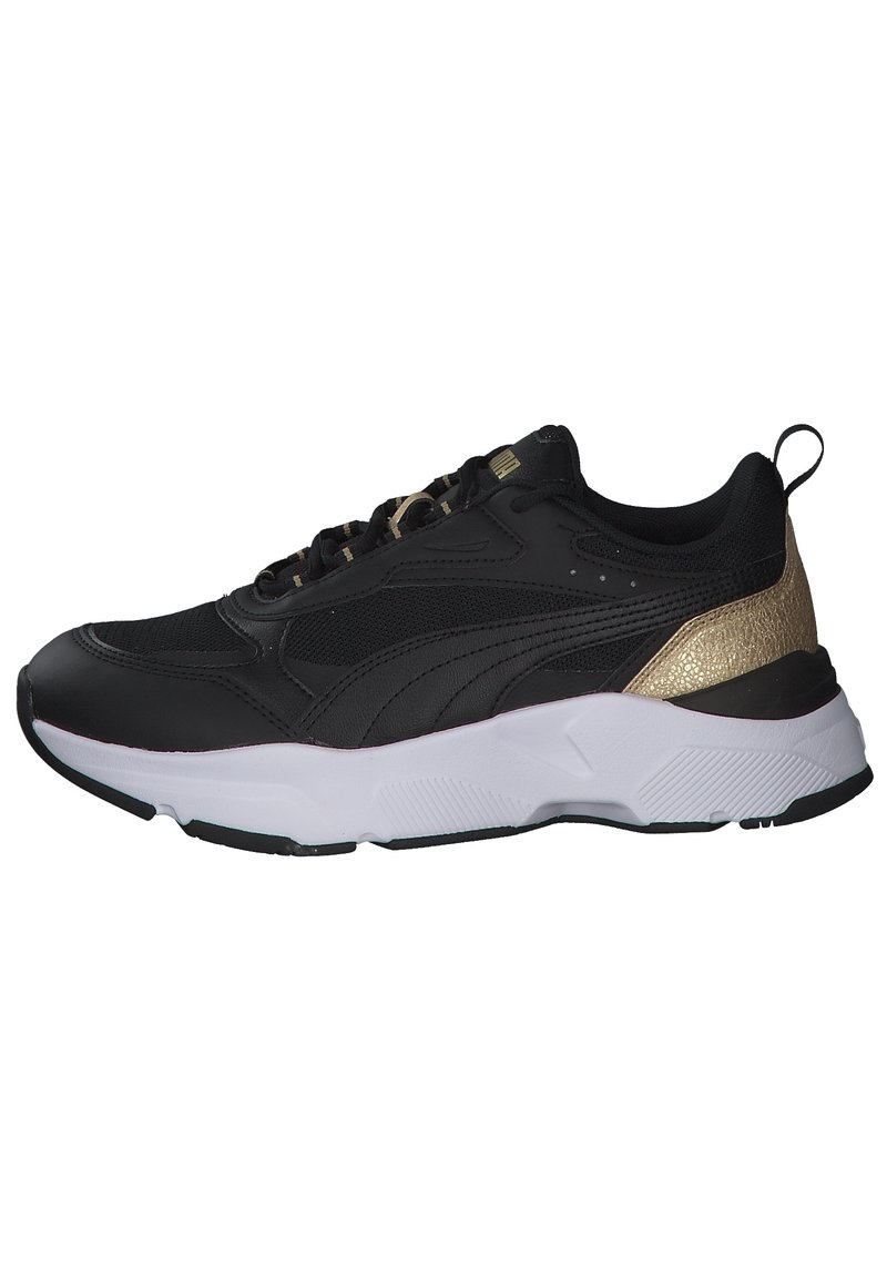 Black athletic shoe with a smooth leather and mesh upper, gold accents on the heel, and a durable white midsole with textured detailing.