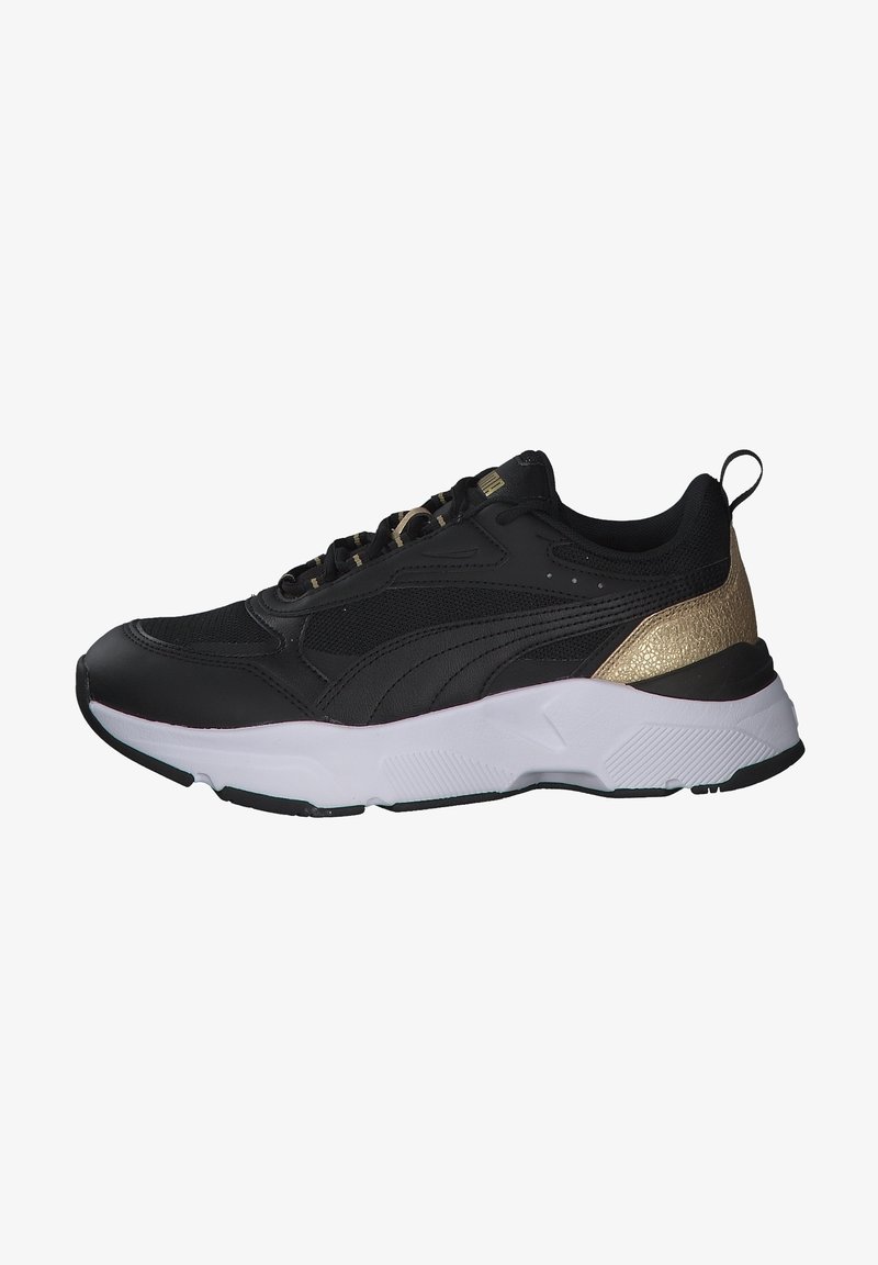 Black athletic shoe with a smooth leather and mesh upper, gold accents on the heel, and a durable white midsole with textured detailing.