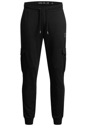 Pantalons de jogging noirs en tissu doux, dotés d'une taille élastique avec cordon de serrage, poches cargo latérales et bords côtelés aux chevilles.