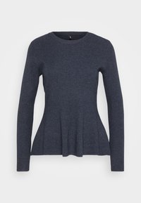 Mørk grå langermet strikket genser med rund hals og subtilt utsvingt peplum-nederkant.