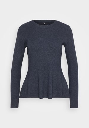 Mørk grå langermet strikket genser med rund hals og subtilt utsvingt peplum-nederkant.