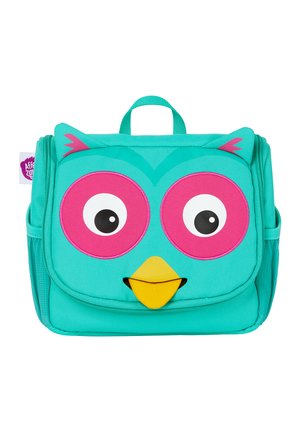 Türkiser Rucksack in Form einer Eule mit großen rosa und weißen Augen, einem gelben Schnabel und strukturiertem Stoff. Verfügt über einen oberen Griff und Seitentaschen.
