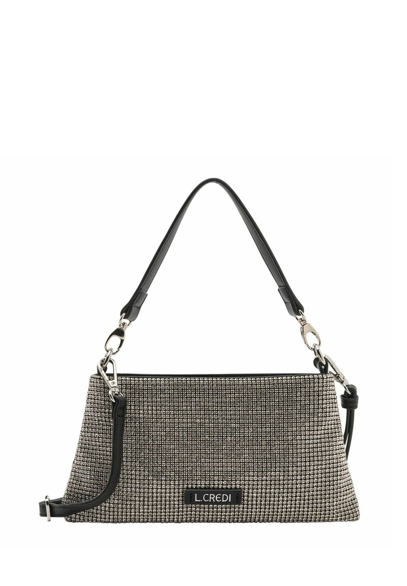 Borsa grigia in tessuto con una maniglia in pelle nera, caratterizzata da un accento in metallo argentato e una forma rettangolare. Marchio L.CREDI visibile.