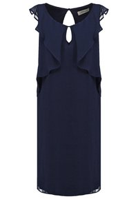 Robe bleu marine sans manches avec un volant à l'avant, encolure goutte d'eau et manches courtes en voile transparent.