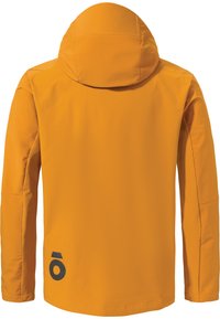 Gelbe wasserdichte Jacke mit Kapuze, glatter Textur und einem Logoschmuck in Dunkelgrau auf der unteren linken Seite. Einfaches Design, lange Ärmel.