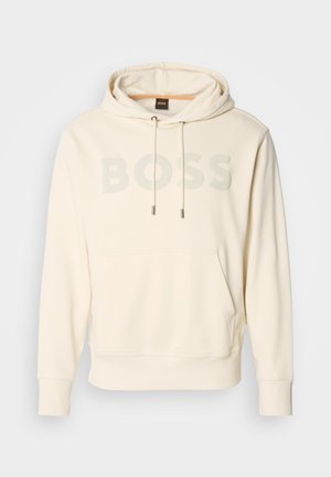 Sudadera crema con bolsillo canguro, capucha con cordón y gran logo gris "BOSS". Presenta puños y dobladillo acanalados para un ajuste ceñido.
