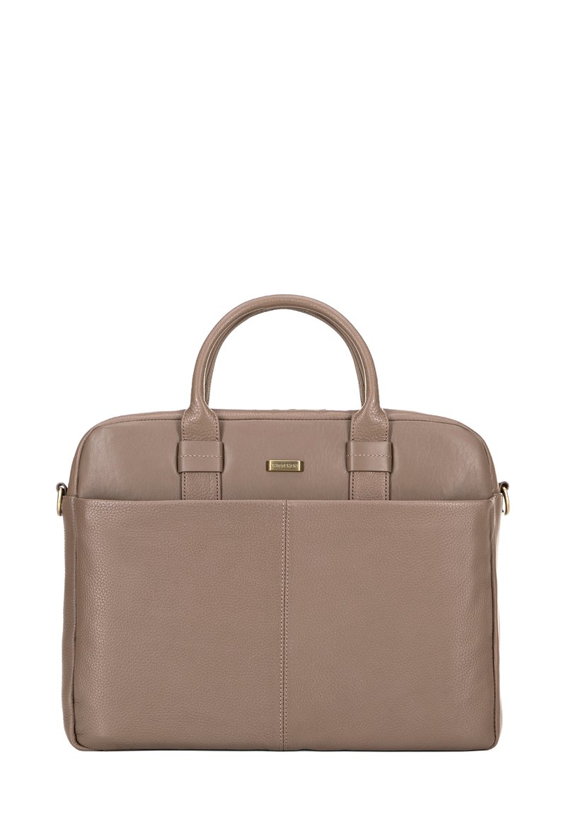 Laptoptasche aus Leder in Taupe mit doppelten Griffen, glatter Textur, rechteckiger Form und einem dezenten Logo-Schild auf der Vorderseite.
