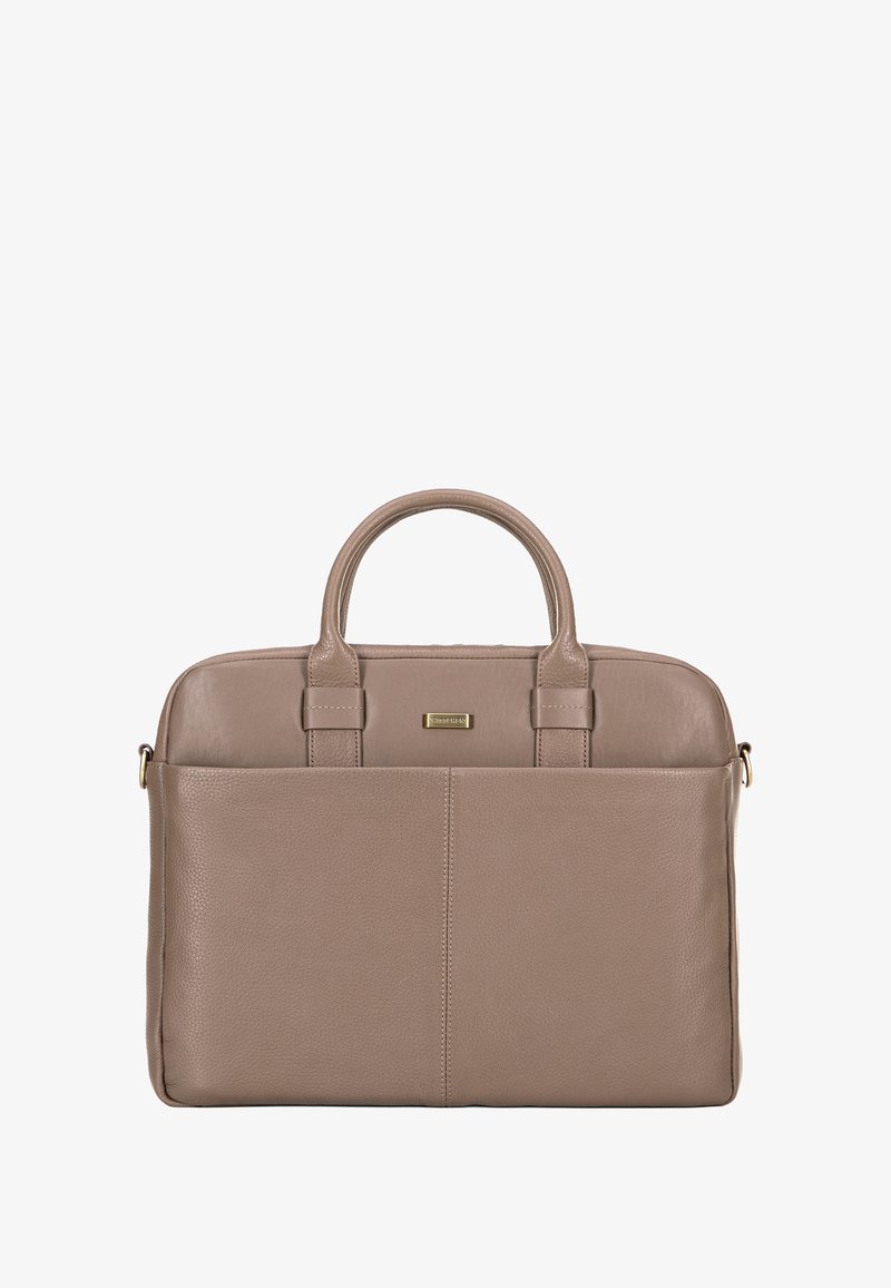 Laptoptasche aus Leder in Taupe mit doppelten Griffen, glatter Textur, rechteckiger Form und einem dezenten Logo-Schild auf der Vorderseite.