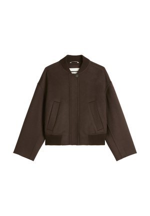 Brown bomber jacket featuring a ribbed collar and cuffs, front button closure, and two side pockets. Made from a textured fabric.