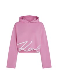 Rosa verkürzter Hoodie aus weichem Material, mit langen Ärmeln und einem weißen bedruckten Logo auf der Vorderseite.