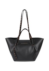 Black textured leather tote bag with leopard print straps and tassel accents. Features cinched sides and a logo detail on the front.