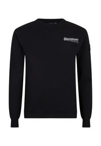 Zwarte sweatshirt van katoen, met een ronde hals, lange mouwen en een klein wit logo op de voorkant links. Aansluitende manchetten en zoom.