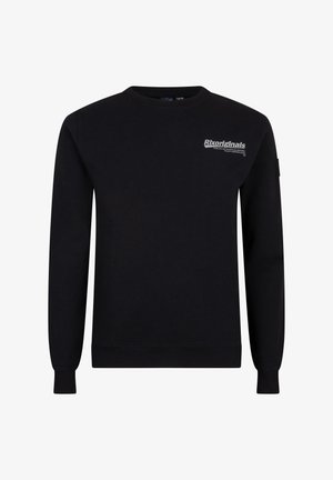 Schwarzer Sweatshirt aus Baumwolle, mit Rundhalsausschnitt, langen Ärmeln und einem kleinen weißen Logo auf der linken Vorderseite. Enganliegende Bündchen und Saum.