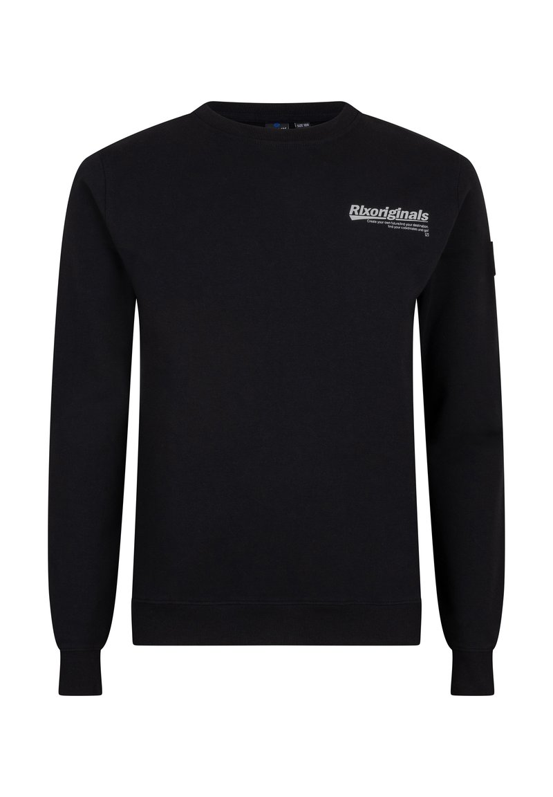 Zwarte sweatshirt van katoen, met een ronde hals, lange mouwen en een klein wit logo op de voorkant links. Aansluitende manchetten en zoom.