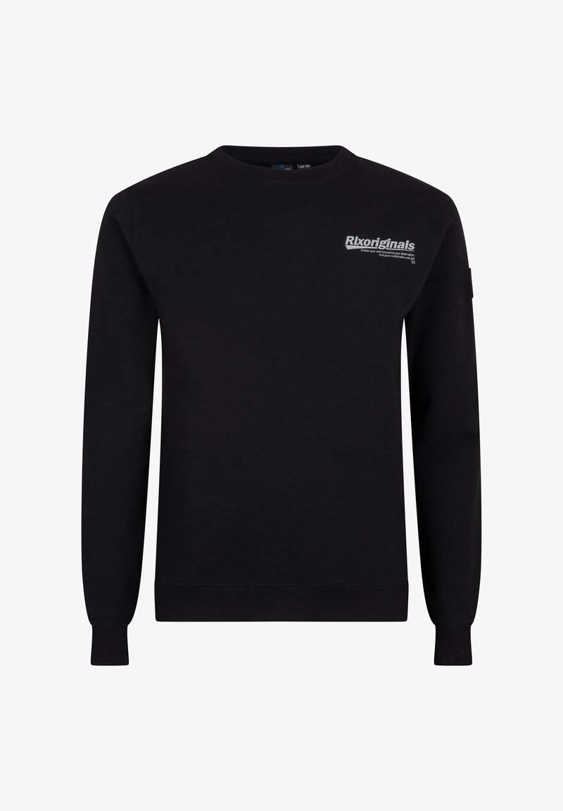 Zwarte sweatshirt van katoen, met een ronde hals, lange mouwen en een klein wit logo op de voorkant links. Aansluitende manchetten en zoom.