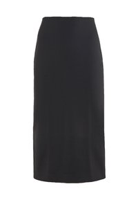 Svart knä-lång blyertkjol med en åtsittande midja och rak skärning, visad mot en vit bakgrund.