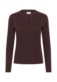 Longsleeve henley w kolorze ciemnego burgundu, wykonany z prążkowanej tkaniny, z płytkim dekoltem i listwą na trzy guziki. Gładka faktura.