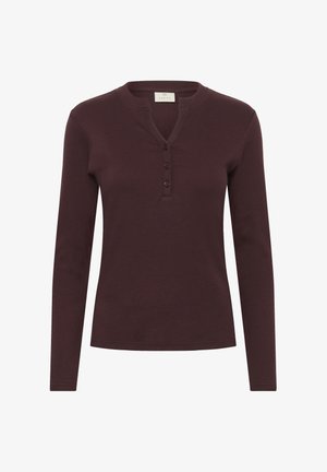 Langsleeve henley-top in donker bordeaux, gemaakt van geribbelde stof, met een ondiepe halslijn en een drie-knops sluiting. Soepele textuur.